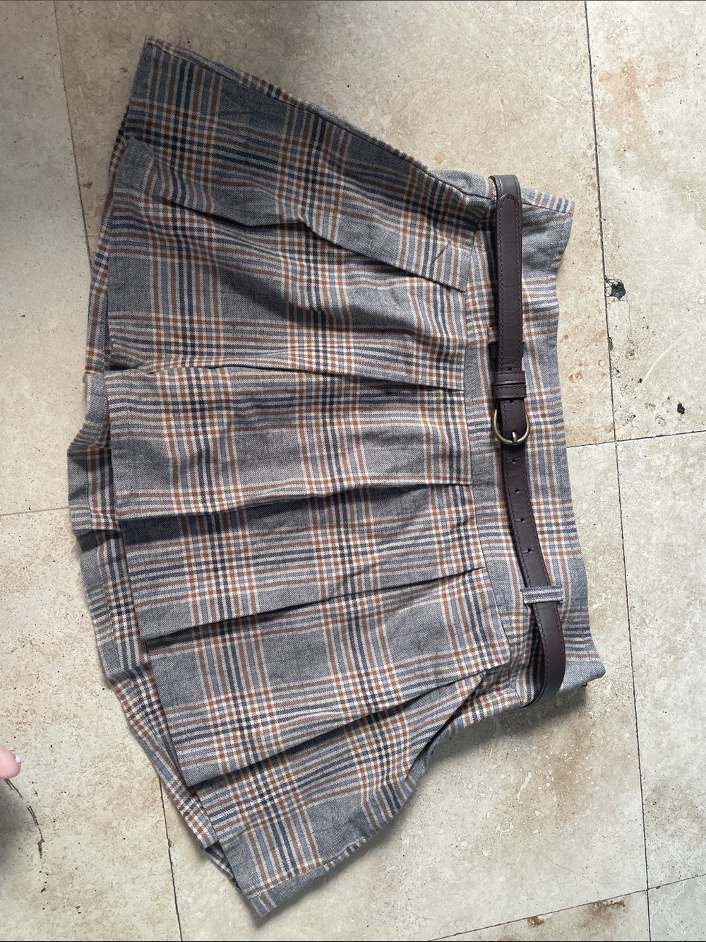 Sincerely Jules Gray and Tan Plaid Pleated Mini Skirt with Belt